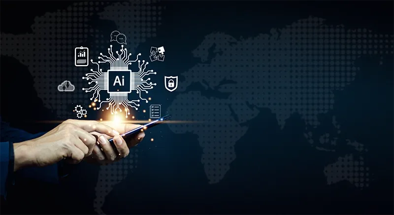 AI technology concept with digital icons and map