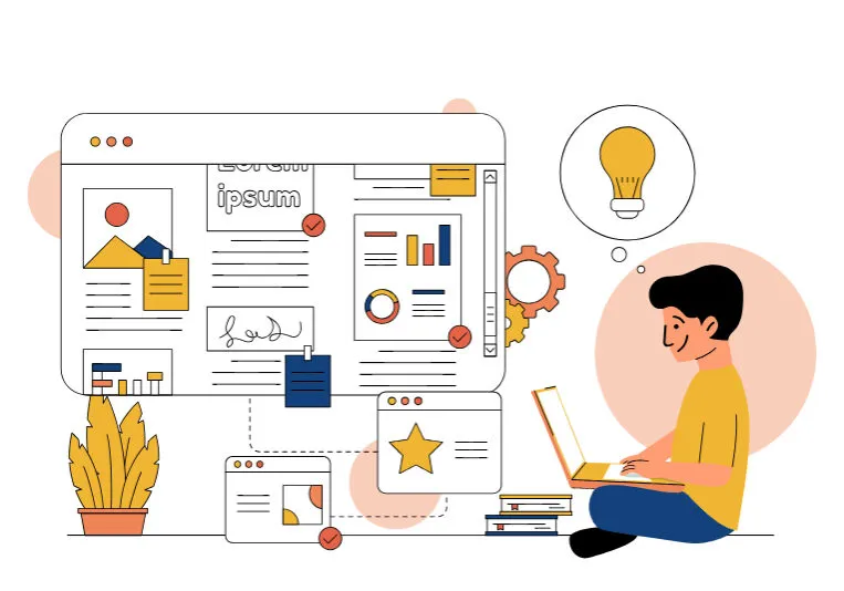 Person researching digital content with laptop