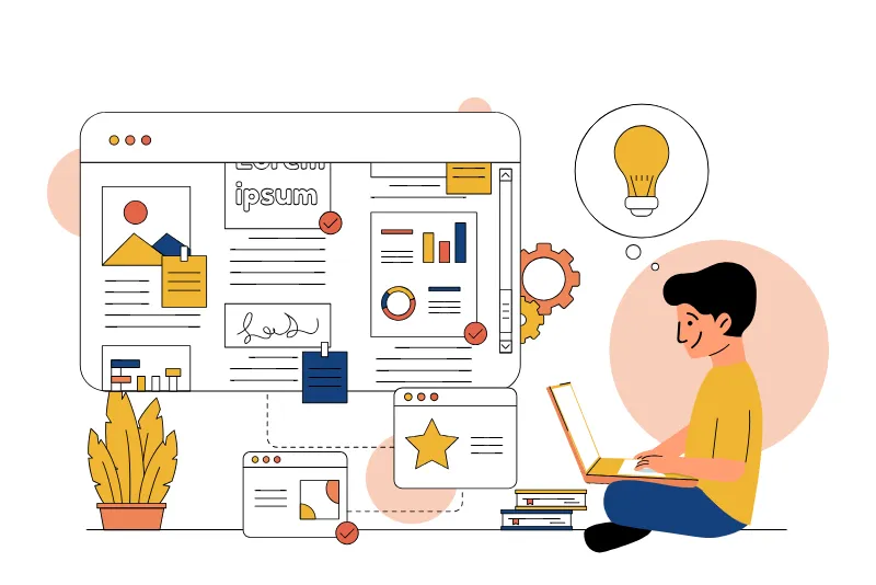 Person researching digital content with laptop